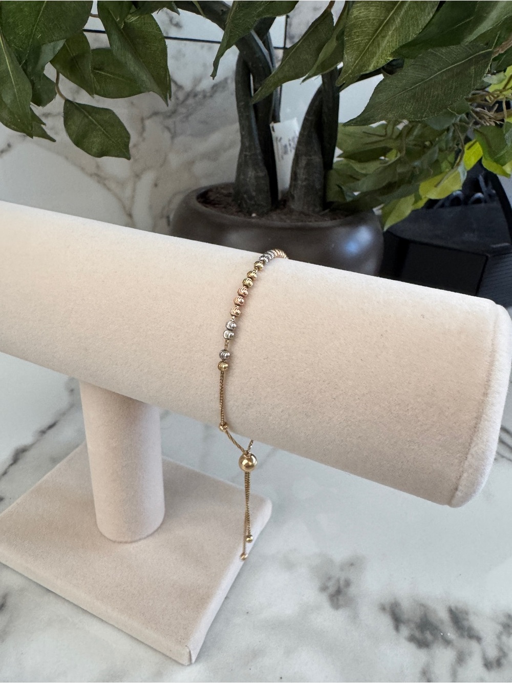 14 k Adjustable Tri-Tone Beaded Slider Bracelet